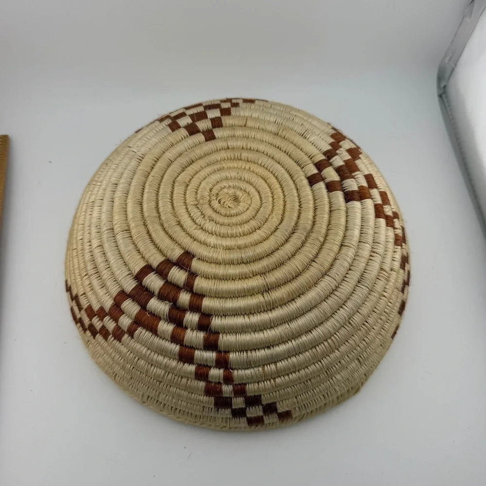 Coiled Woven Basket 9in Natural Brown Excellent Geometric Boho Tribal